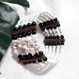 Large Stretch Cuff Bracelet Beach Ocean Tropical Vacation White Brown Black Bead
